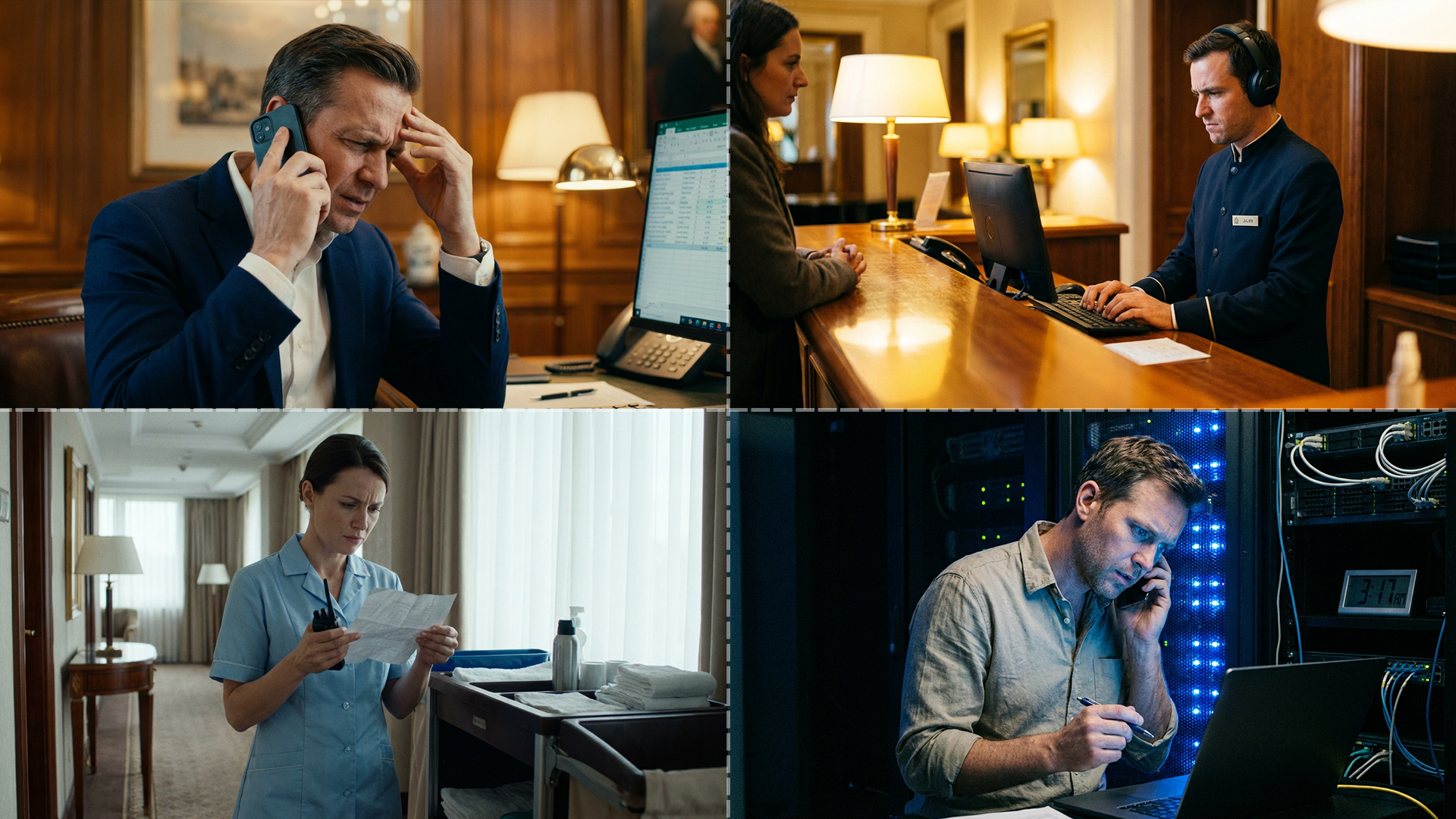 Hotel operations under pressure: management, front desk, housekeeping, and IT during a late-night incident